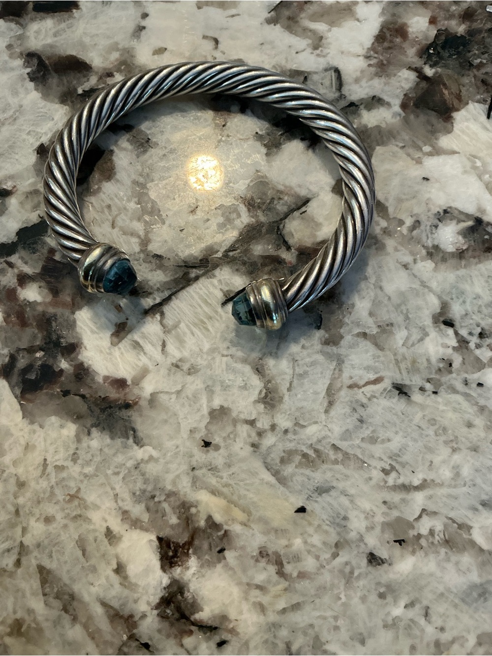 David Yurman Silver Twisted Cable Cuff with Blue Topaz
